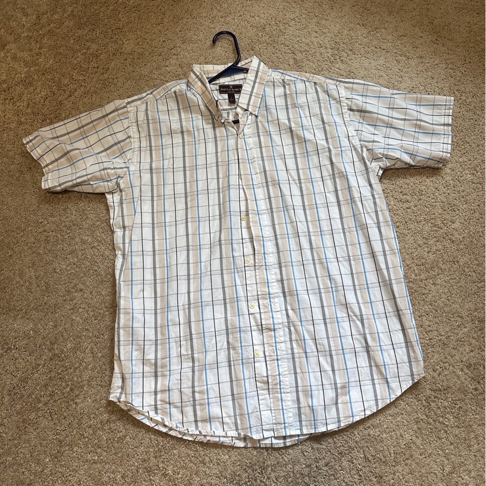 White and Blue Plaid Button-Up Shirt